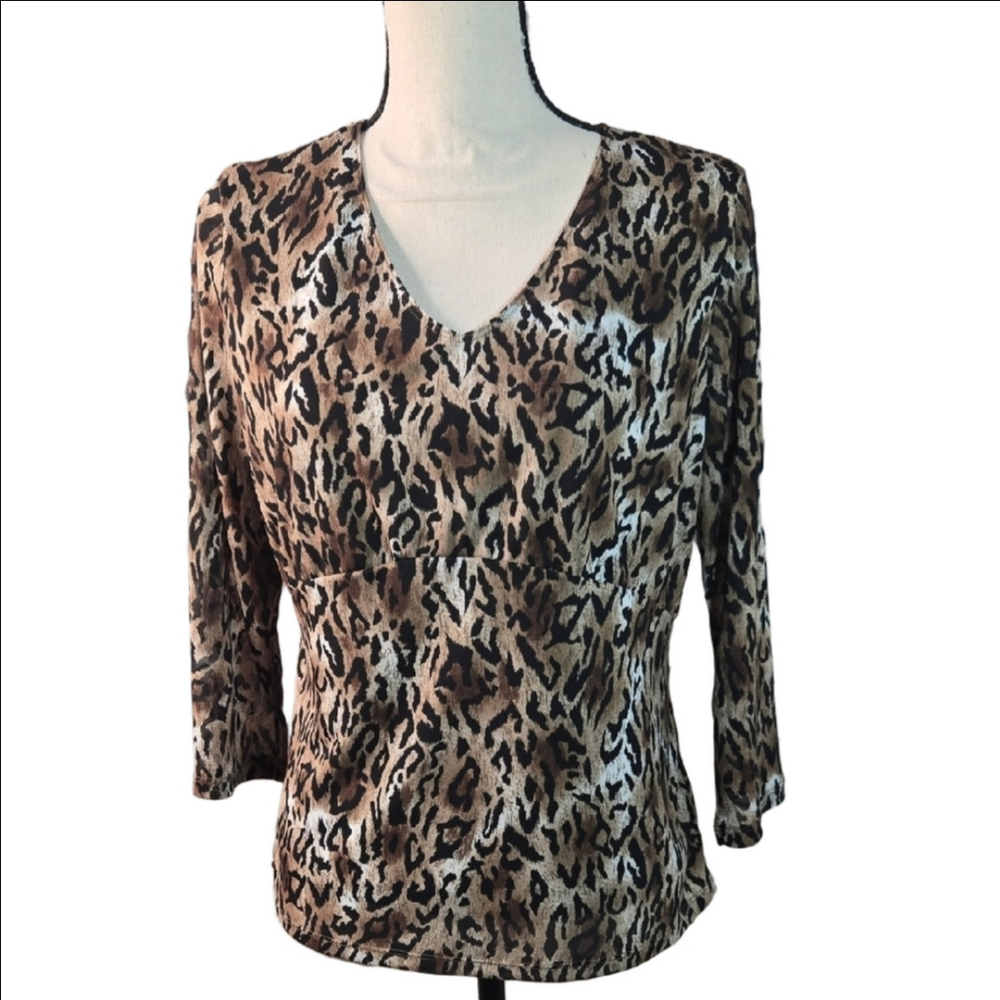 Alfani Brown Leopard Print V-Neck Blouse 3/4 Sleeve Sheer & Lined